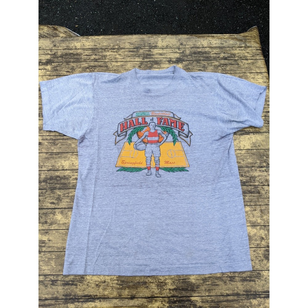 Vintage Naismith Basketball Hall of Fame Single Stitch Gray Shirt Sz Small